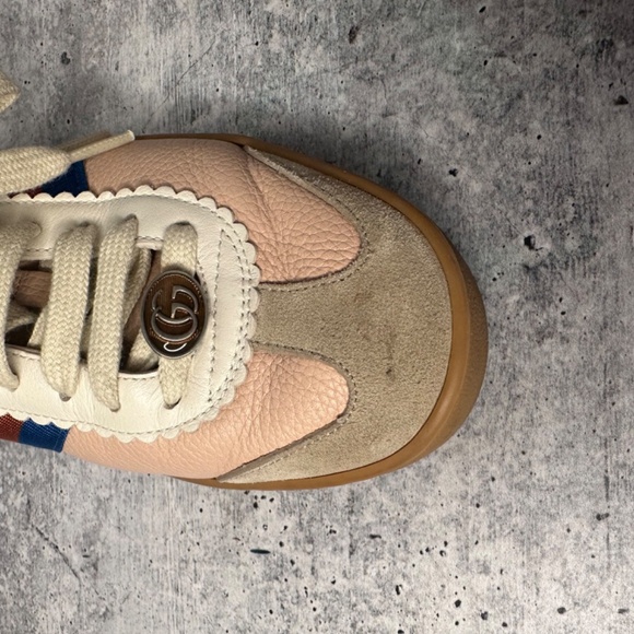 Gucci G74 Web Leather And Suede Pink Oatmeal Casual Sneakers - Picture 6 of 8